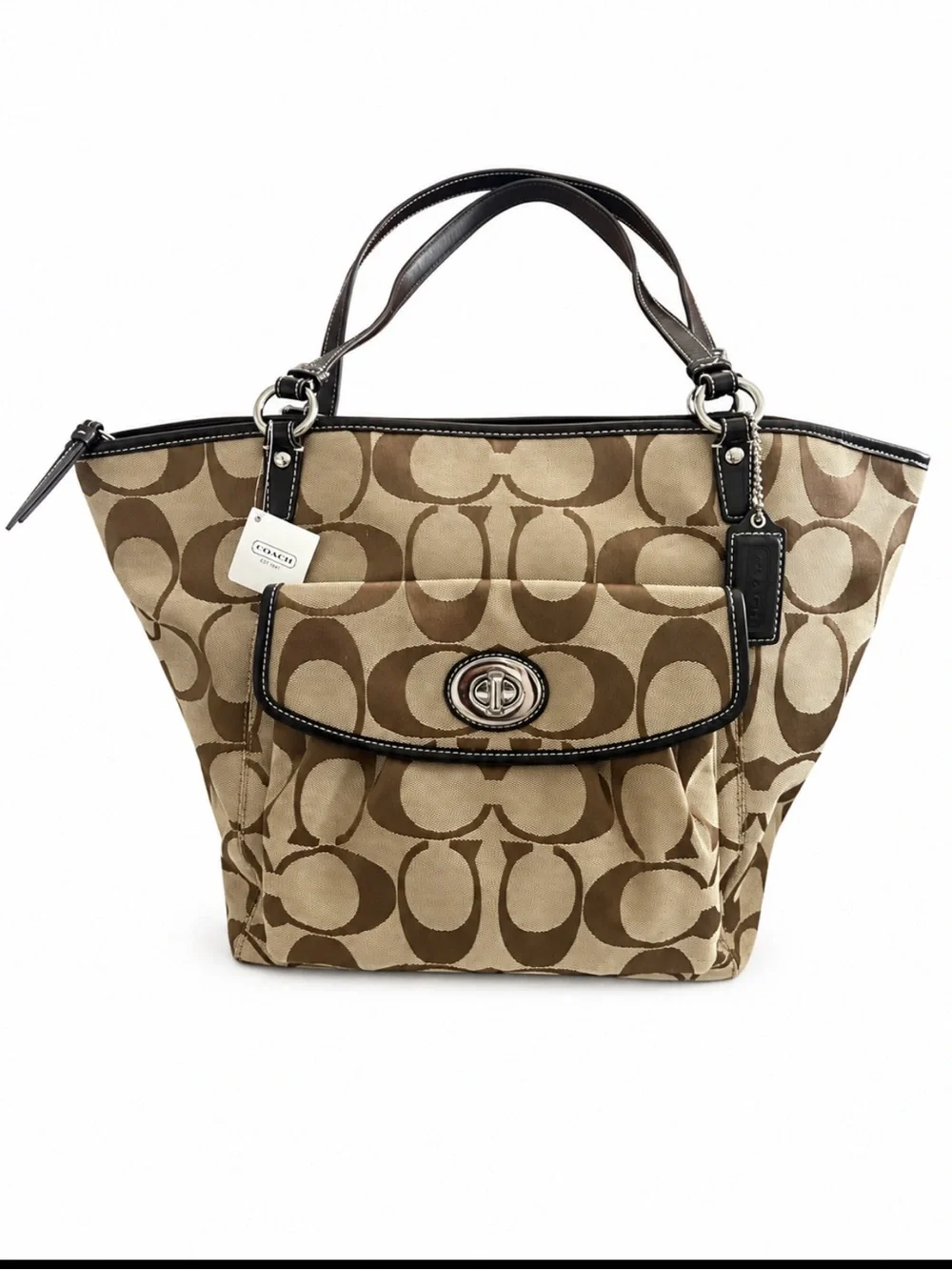 Vintage Signature Canvas Tote Bag in Khaki/Chocolate NWT
